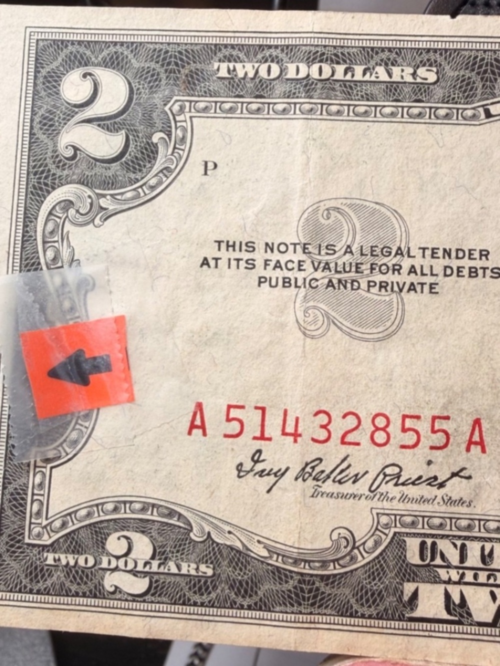 1953C $2 Red Seal Miscut Error Ser #A 51432855 A #206185737771 - Picture 6 of 8
